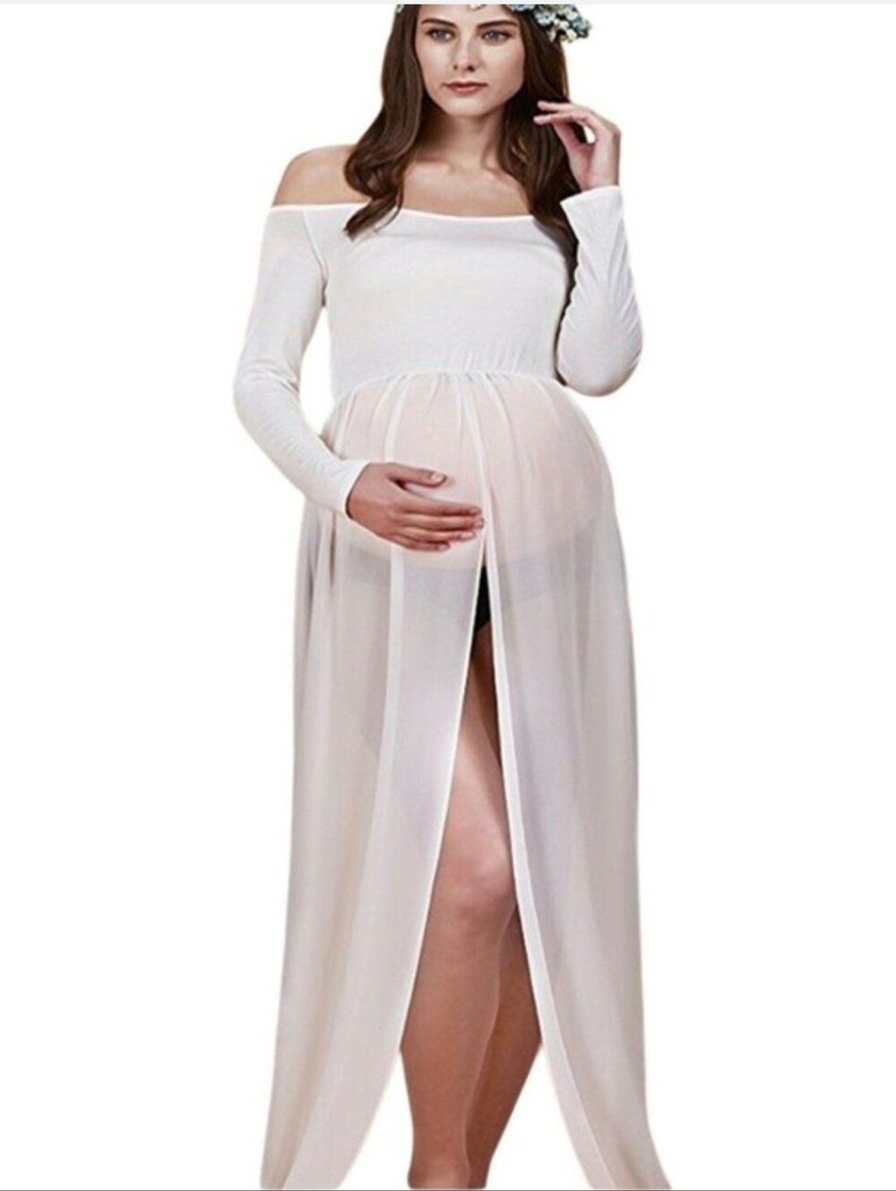 Sheer White Maternity Split Maxi Dress